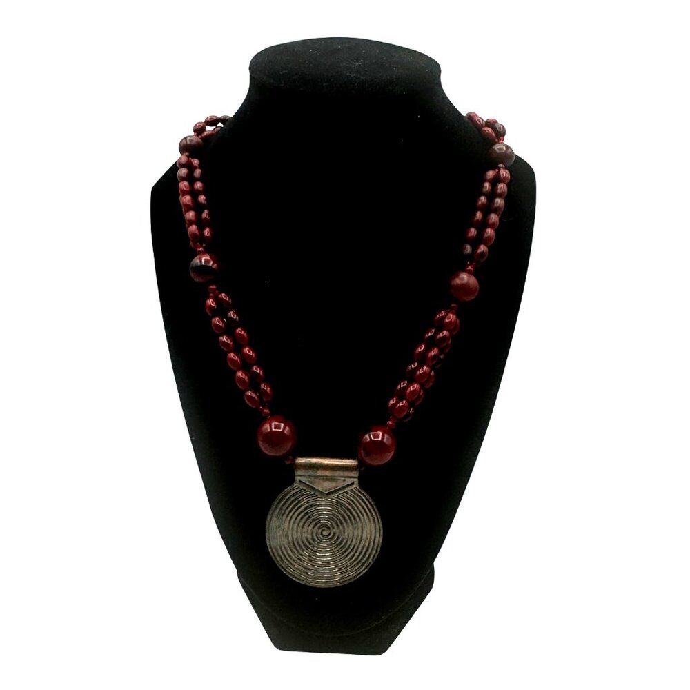 Handcrafted Red Beaded Necklace With Circular Copper Pendant & Adjustable Chain
